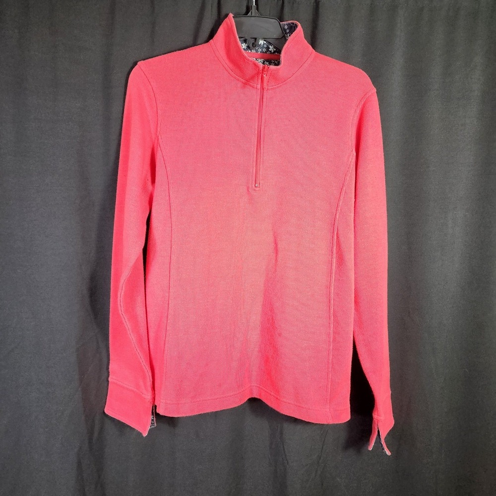 Orvis Womens Large Coral Pink Ribbed Knit Quarter Zip Pullover Sweater Mock Neck